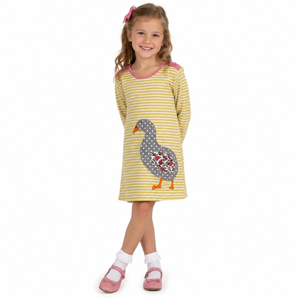 W.L. Monsoon Girls Dress Goose Applique 5T Yellow Striped Long Sleeve
